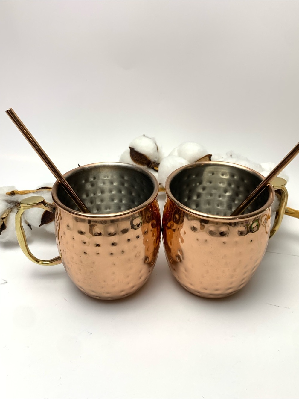 Set of 2 Hammered Copper Moscow Mule and Mint Julep Mugs with Straws